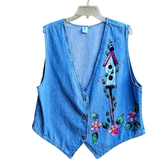 creative artworks Jackets & Blazers - Vintage 80s Hand Painted Denim Vest XXL Plus Size Cottage Prairie Birds